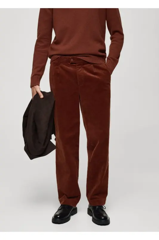 Straight Leg Pleated Corduroy Pants - Russet - 5