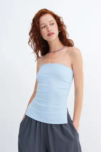 Strapless Gathered Blouse B309-D7 - Baby Blue - 1
