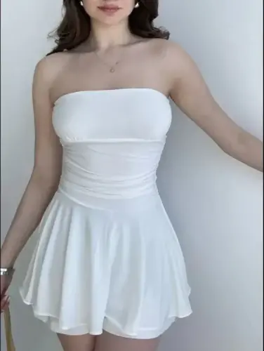Strapless Mini Skort Dress Ruched Stylish Summer - White - 1