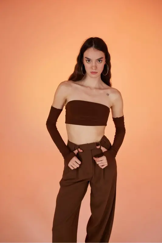 Strapless Model Sleeve Detailed Noir Blouse Brown - 7