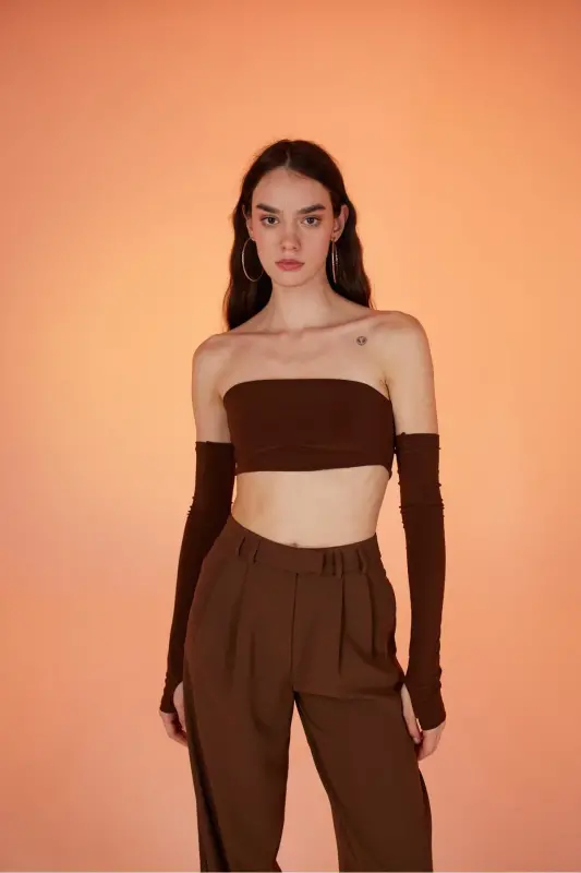 Strapless Model Sleeve Detailed Noir Blouse Brown - 10