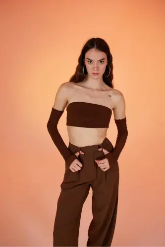 Strapless Model Sleeve Detailed Noir Blouse Brown - HOLLY LOLLY (1)