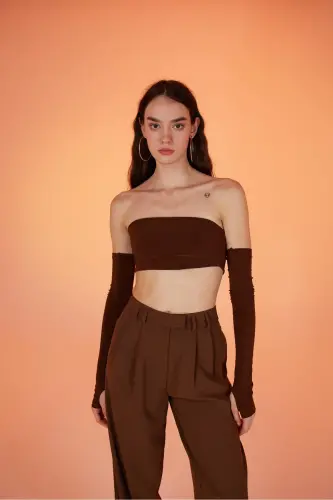 Strapless Model Sleeve Detailed Noir Blouse Brown - 5