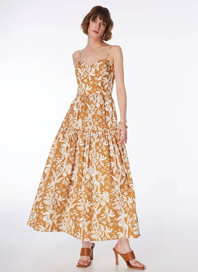 Strapless, patterned, brown-white midi dress. - 1