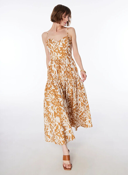 Strapless, patterned, brown-white midi dress. - 4