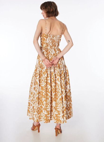 Strapless, patterned, brown-white midi dress. - 6