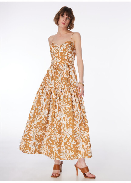 Strapless, patterned, brown-white midi dress. - 7