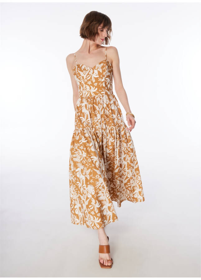 Strapless, patterned, brown-white midi dress. - 9