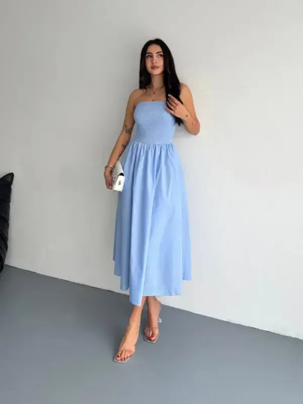 Strapless Pleated Dress - Light Blue - 1