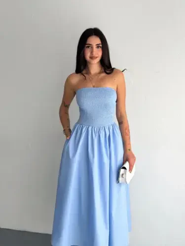 Strapless Pleated Dress - Light Blue - BÜYÜKBEDENIZ (1)