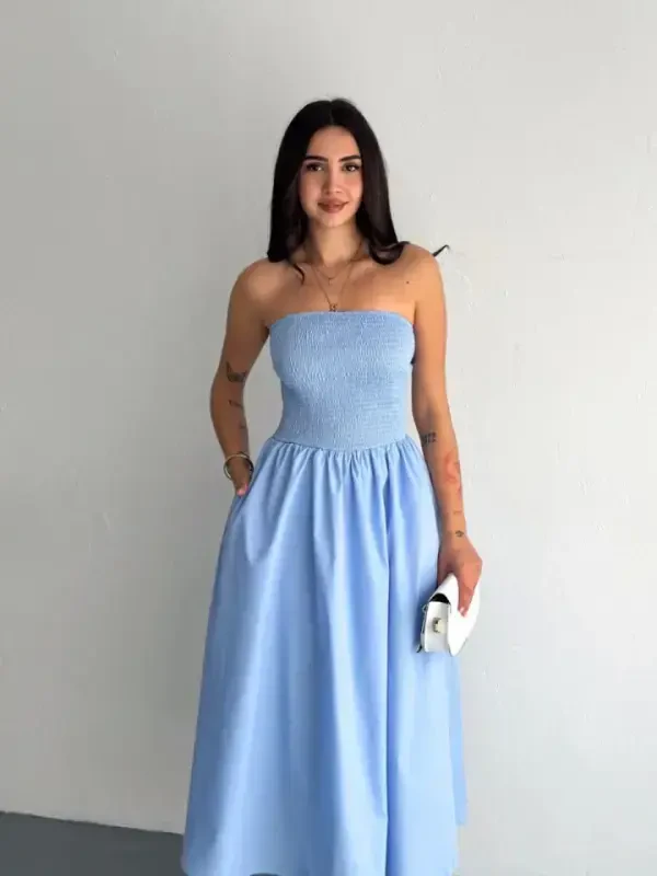 Strapless Pleated Dress - Light Blue - 2