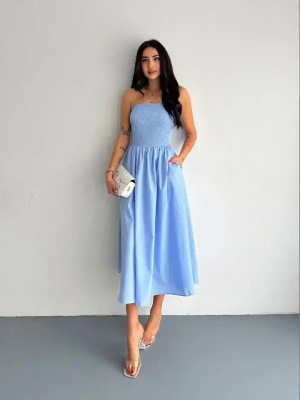 Strapless Pleated Dress - Light Blue - 3