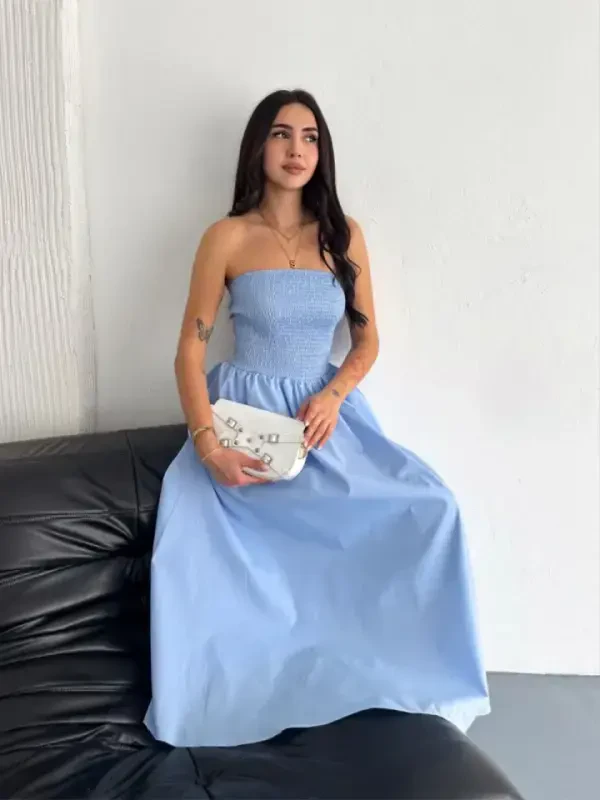 Strapless Pleated Dress - Light Blue - 4