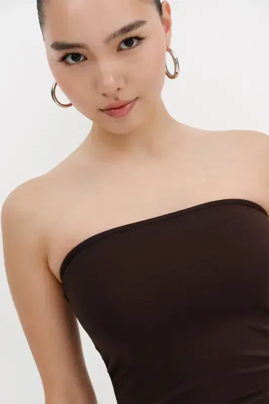 Strapless Ruched Blouse B309-D7-Acı Kahve - 3