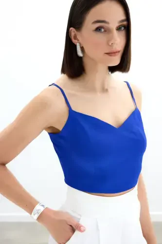 Strapless Satin Crop Top - SAX BLUE - 1