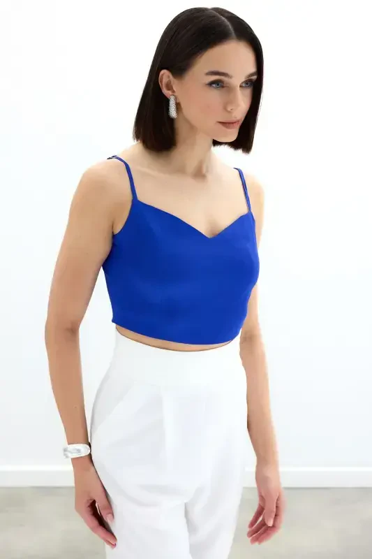 Strapless Satin Crop Top - SAX BLUE - 2