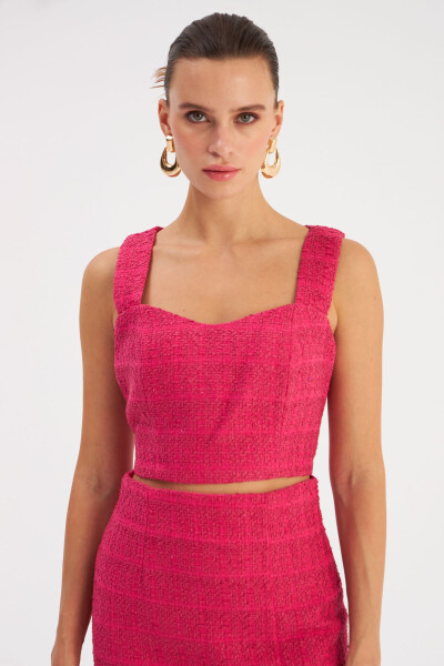 Strapless Tweed Crop Blouse - Fuchsia - 2