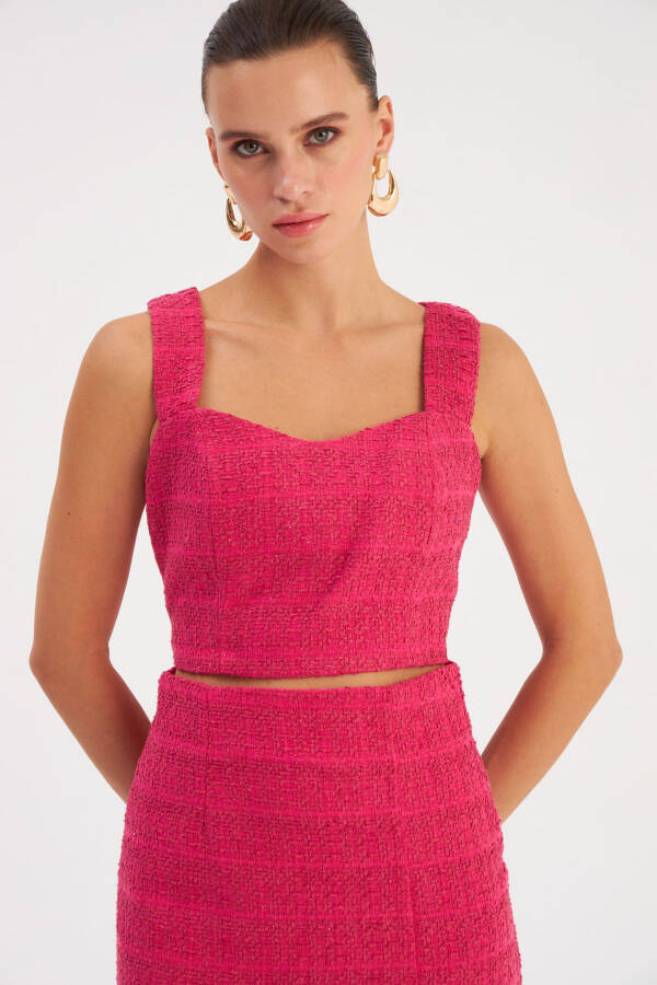 Strapless Tweed Crop Blouse - Fuchsia - 3