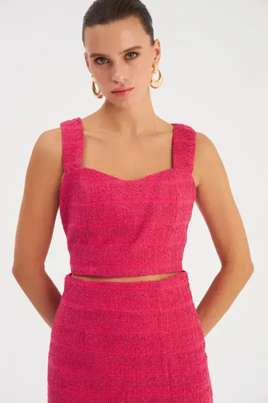 Strapless Tweed Crop Blouse - Fuchsia - 3