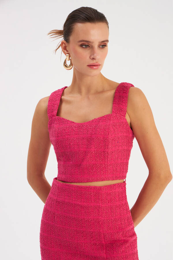 Strapless Tweed Crop Blouse - Fuchsia - 7