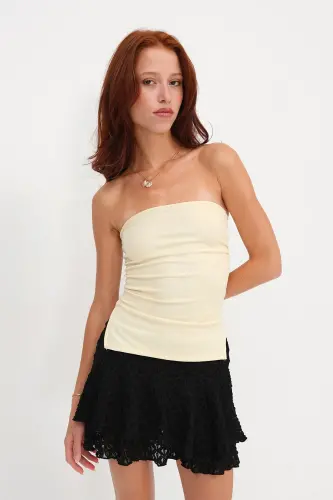 Straplez Büzgülü Bluz B309-D7 - A.Sarı - 4