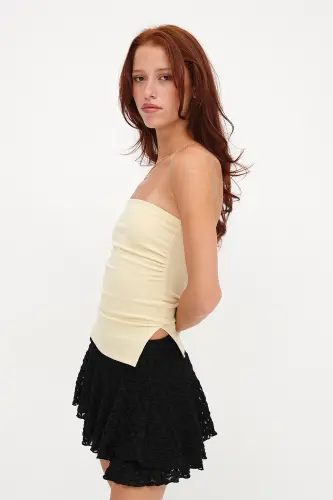 Straplez Büzgülü Bluz B309-D7-A.Sarı - 5