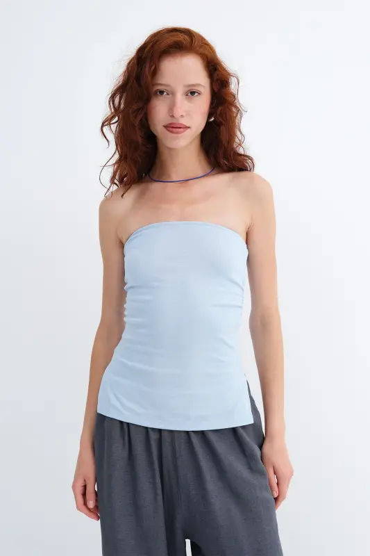 Straplez Büzgülü Bluz B309-D7 - Bebe Mavi - 2