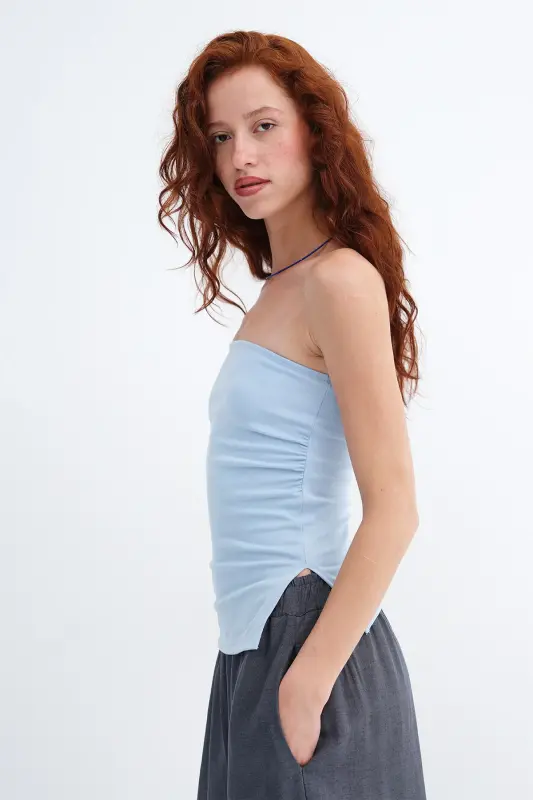 Straplez Büzgülü Bluz B309-D7 - Bebe Mavi - 4