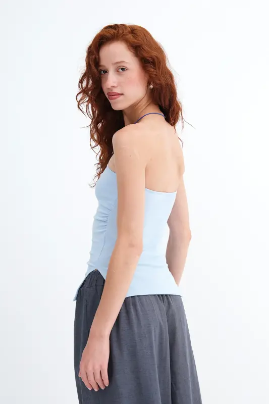 Straplez Büzgülü Bluz B309-D7 - Bebe Mavi - 6