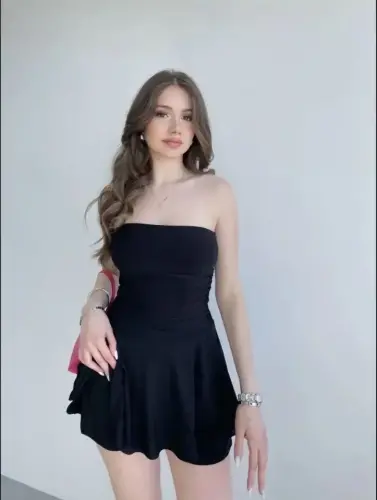 Straplez Mini Etek Görünümlü Şortlu Elbise Büzgülü Şık Yazlık - Siyah - BÜYÜKBEDENIZ (1)