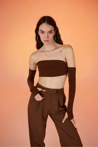 Straplez Model Kol Detaylı Noir Bluz Jigarrang - 3