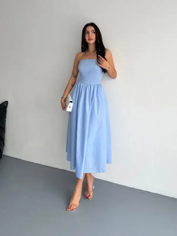 Straplez Pileli Elbise - Açık Mavi - 1