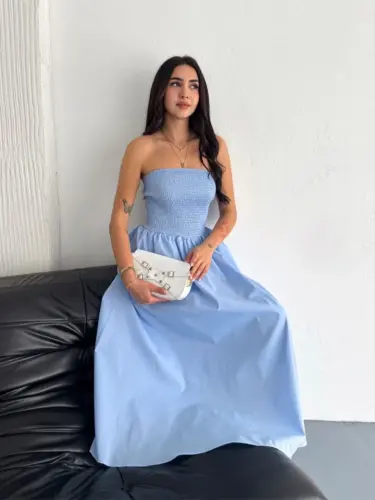 Straplez Pileli Elbise - Açık Mavi - 4
