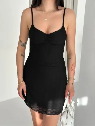 Strappy Mini Dress Draped Chest Detail Lycra Summer Fit - Black - 4