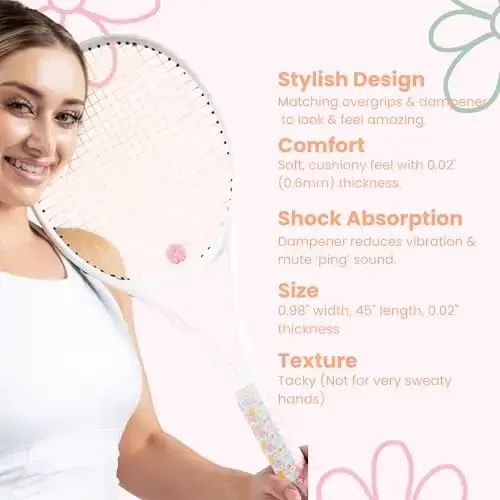 Strawberries and Cream Tennis Tape, Tacky Texture & Matching Dampener, 2 Overgrips & 1 Dampener Set for Tennis Racket, Tennis Tape Pink, Purple, Turquoise, Orange, Blue - 3