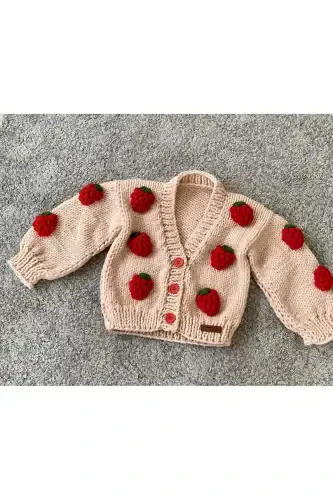 Strawberry Detailed Hand Knit Girls Cardigan-pink - 1