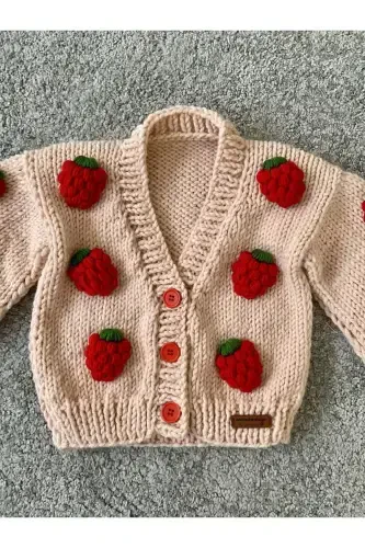 Strawberry Detailed Hand Knit Girls Cardigan-pink - NEVALİN (1)