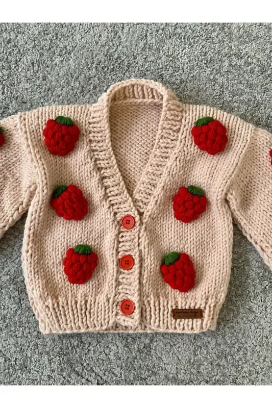 Strawberry Detailed Hand Knit Girls Cardigan-pink - 2