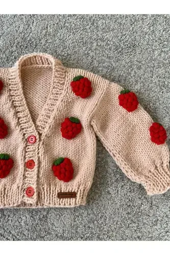 Strawberry Detailed Hand Knit Girls Cardigan-pink - 3
