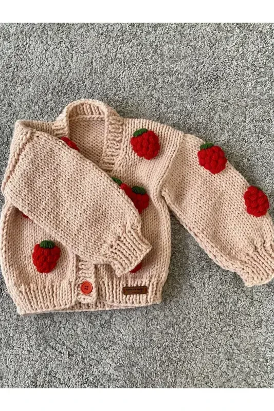 Strawberry Detailed Hand Knit Girls Cardigan-pink - 4