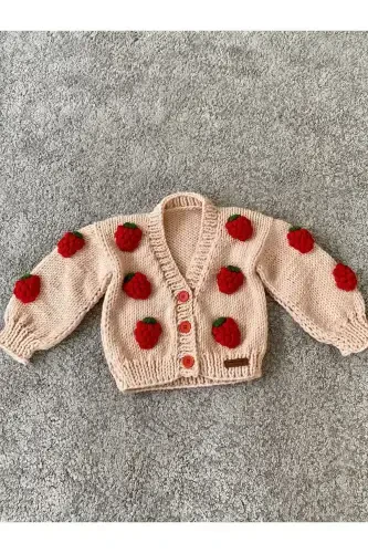 Strawberry Detailed Hand Knit Girls Cardigan-pink - 5