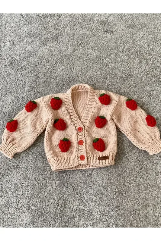 Strawberry Detailed Hand Knit Girls Cardigan-pink - 5