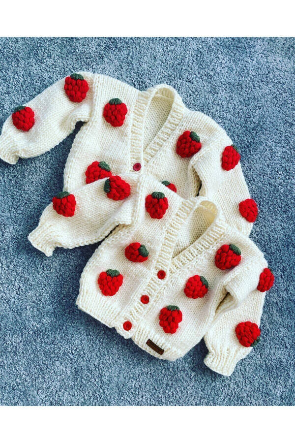 Strawberry Detailed Hand Knitted Girls Cardigan - 25