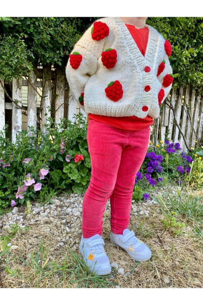 Strawberry Detailed Hand Knitted Girls Cardigan - 22