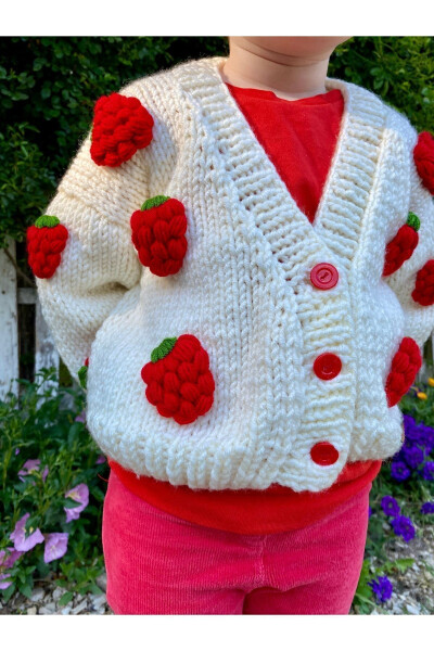 Strawberry Detailed Hand Knitted Girls Cardigan - 23