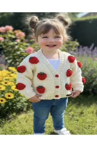 Strawberry Detailed Hand Knitted Girls Cardigan - 1