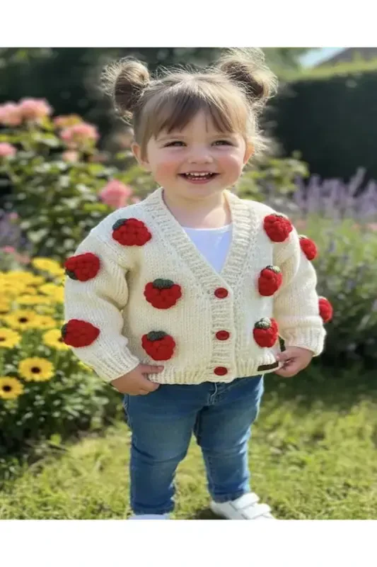 Strawberry Detailed Hand Knitted Girls Cardigan - 1