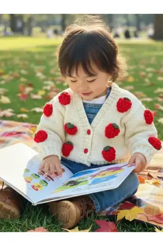 Strawberry Detailed Hand Knitted Girls Cardigan - NEVALİN (1)