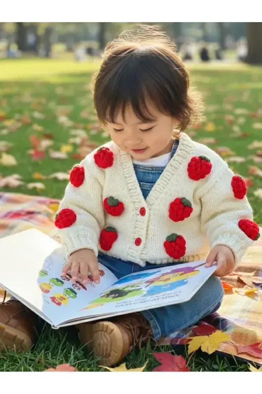 Strawberry Detailed Hand Knitted Girls Cardigan - 2