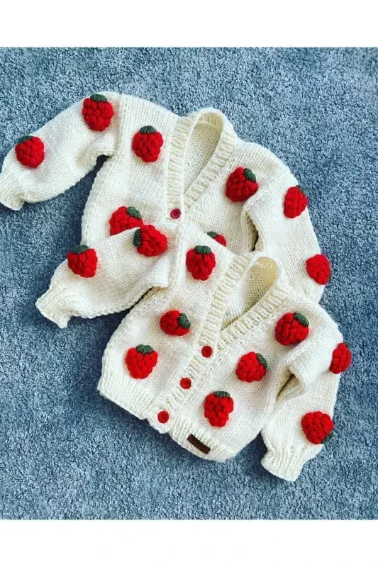 Strawberry Detailed Hand Knitted Girls Cardigan - 3
